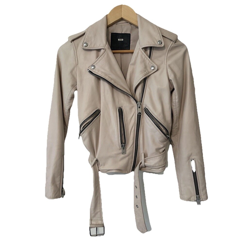 AllSaints Balfern Blush Muted Pink Sheep Leather Biker Jacket Crop Belt US 2 XS